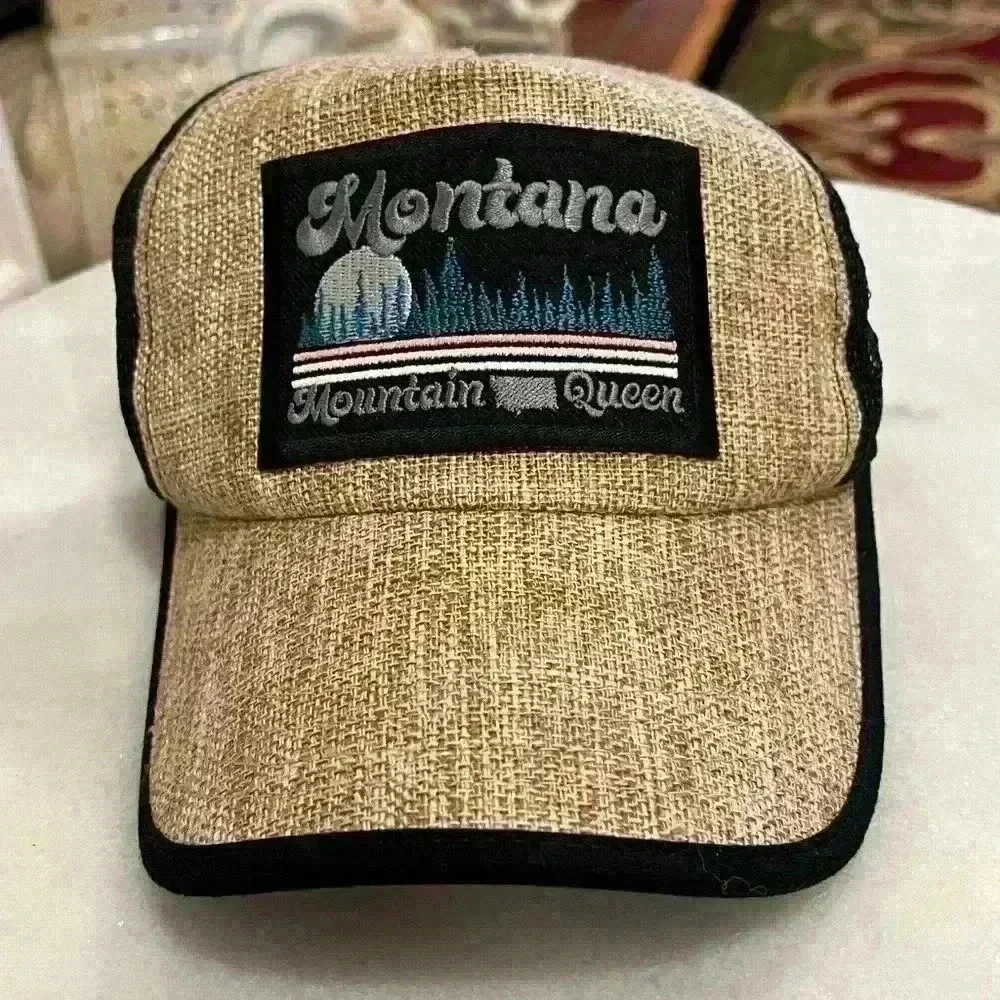 Montana mountain queen burlap trucker hat never used